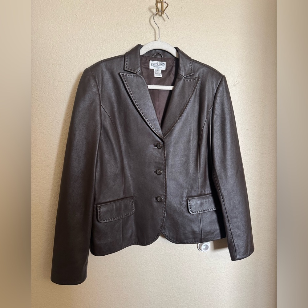 Vintage Pendleton Leather Blazer Sz Large Chocolate Brown‎ Contrast Stitch